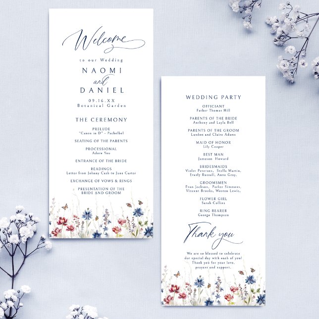 Menú Boda rústica de flores silvestres acuarela azul ma (Navy Blue Watercolor Wildflower Rustic Wedding Menu)