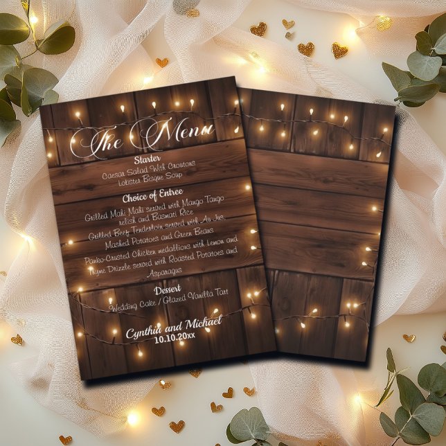 Menú Boda Rústica de las luces de cadena de madera marr (Subido por el creador)