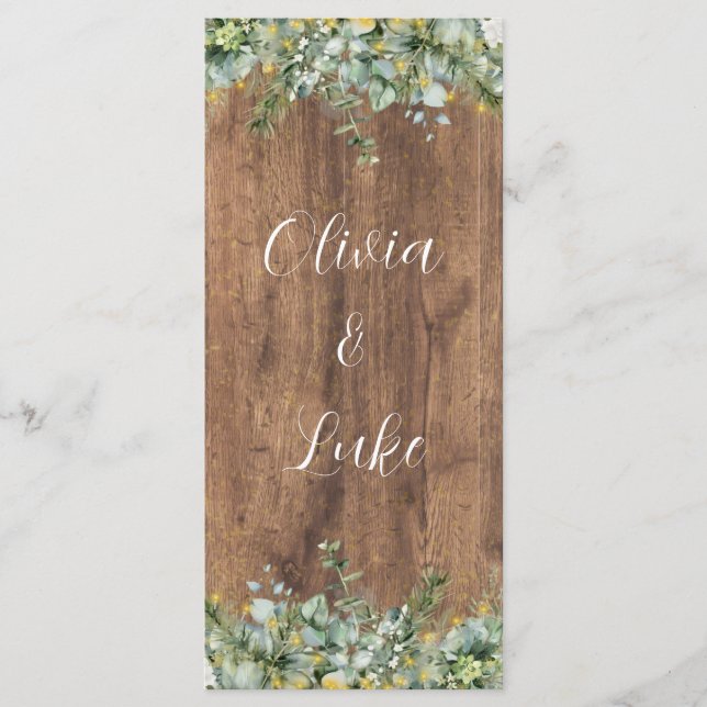 Menú Boda Rústica de Madera con Eucalipto Dorado y Flor (Anverso)