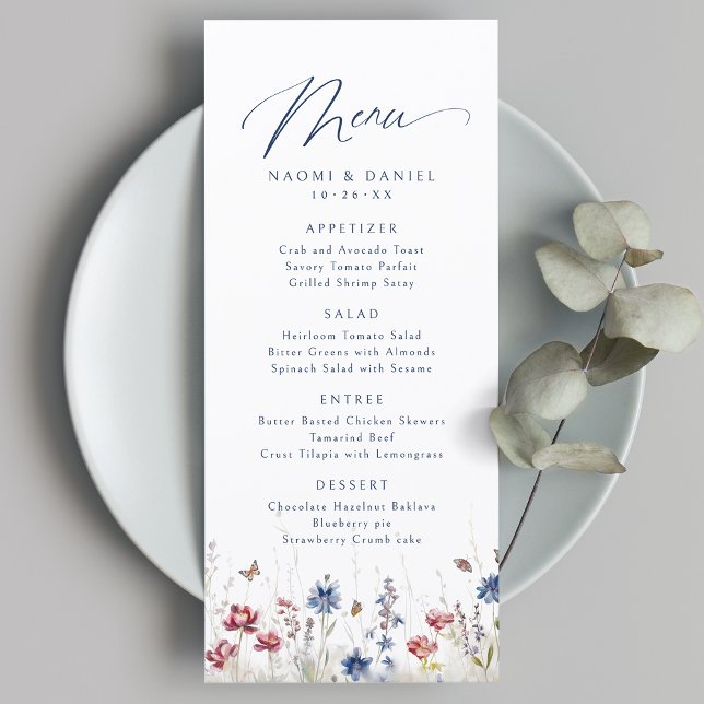 Menú Boda rústica de montaña con flores silvestres de a (Fall Watercolor Wildflower Mountain Rustic Wedding Menu)