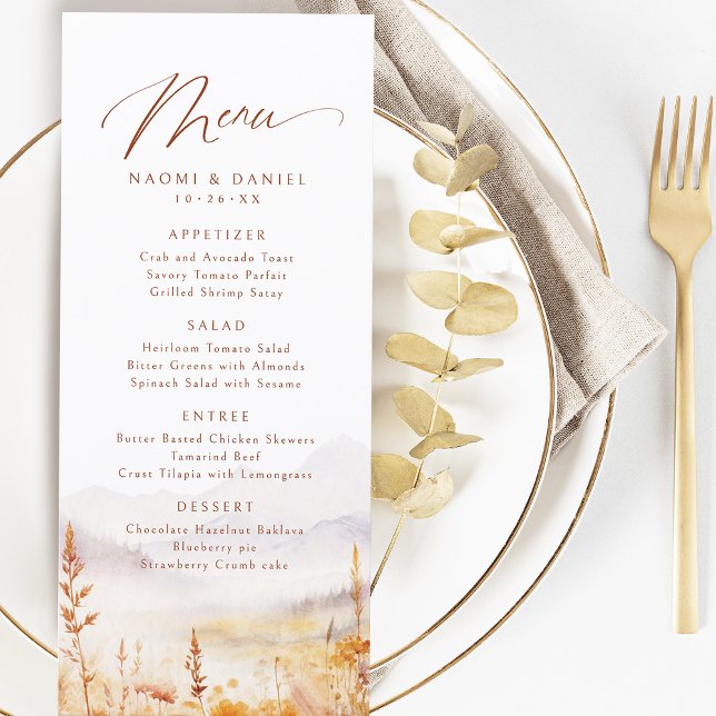 Menú Boda rústica de montaña con flores silvestres de a (Fall Watercolor Wildflower Mountain Rustic Wedding Menu)
