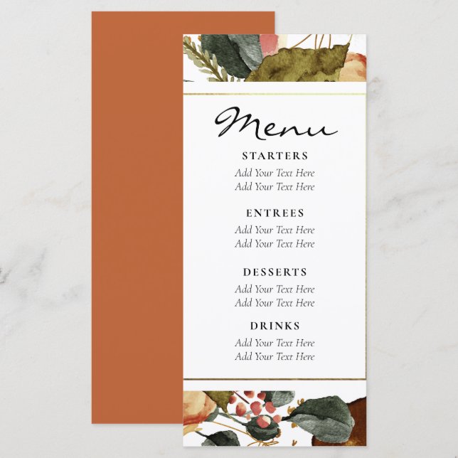 Menú Boda Rústica Floral Acuarela de Otoño (Anverso / Reverso)