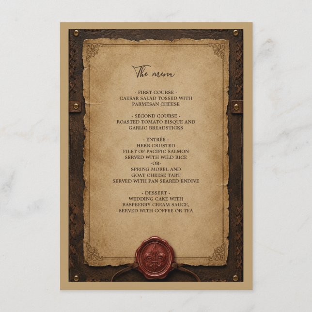 Menú Boda rústica medieval con sello de cera de cuero (Anverso)