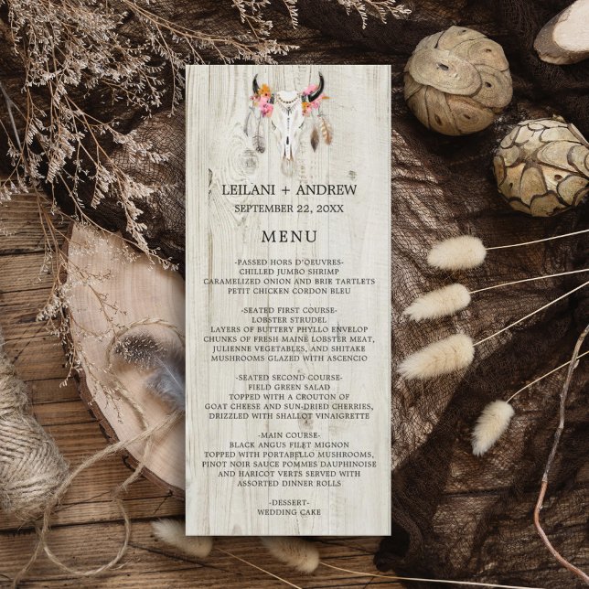 Menú Boda Rústico Antler de Madera Ligera (Rustic wood with watercolor skull feather and flower. Perfect for that outdoor, barn, fall wedding.)
