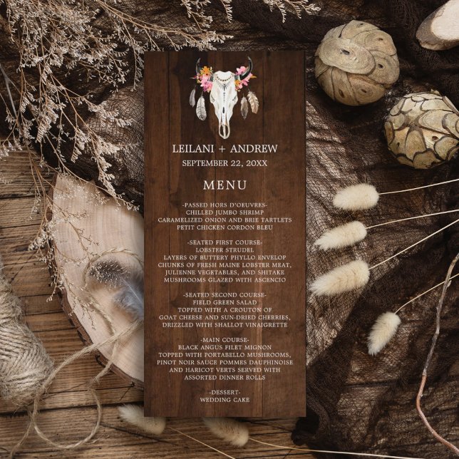 Menú Boda Rústico Antler de Madera Oscura (Rustic wood with watercolor skull feather and flower. Perfect for that outdoor, barn, fall wedding.)