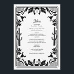 Menú Boda rústico de vaqueros de países occidentales<br><div class="desc">Diseño moderno de vaquero occidental con elementos dibujados a mano de cráneo de vaca, herradura, adornos florales y cactus. Diseño boda de borde floral blanco y negro con floral dibujada a mano, cactus, cráneo de vaca y herradura. Este moderno y moderno diseño de bodas de campo occidental es ideal para...</div>