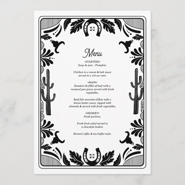 Menú Boda rústico de vaqueros de países occidentales (Anverso)