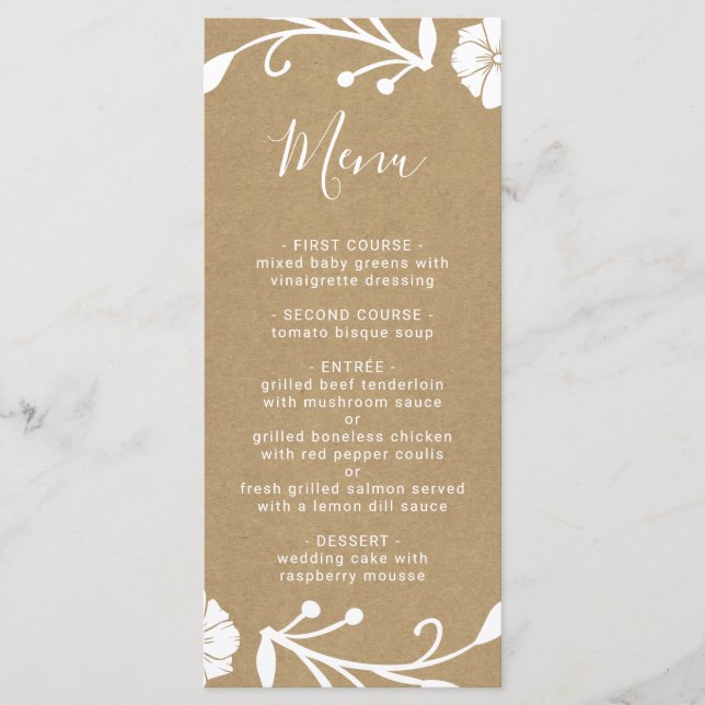 Menú Boda Rústico Floral Botánica Wreath Faux Kraft (Anverso)