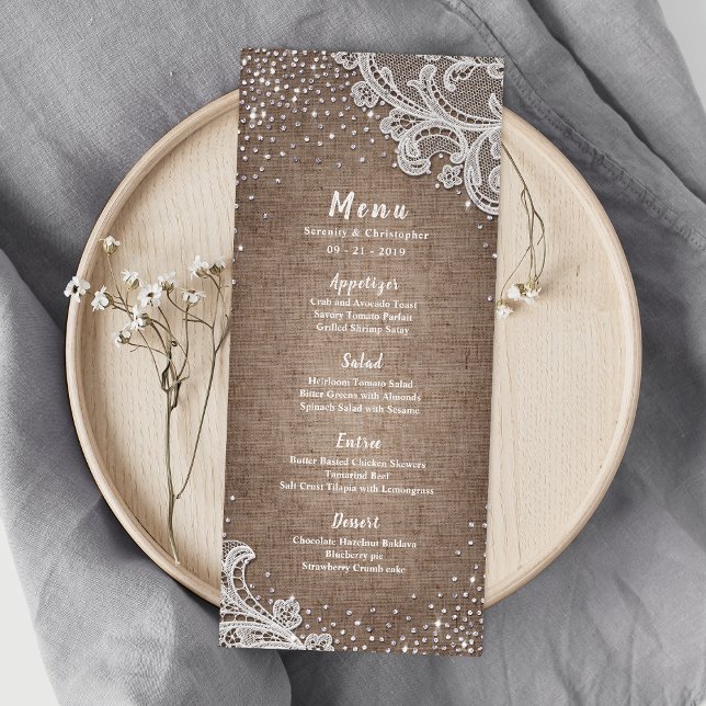 Menú boda rústico purpurina de plata de Burlap Lac (Burlap Lace silver glitter rustic wedding menu)