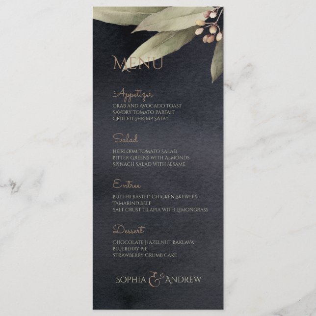 Menú Boda rústico vintage de vegetación botánica oscura (Anverso)