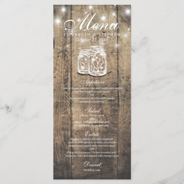 Menú Boda Rústico Wood & Mason Jar String Lights (Anverso)