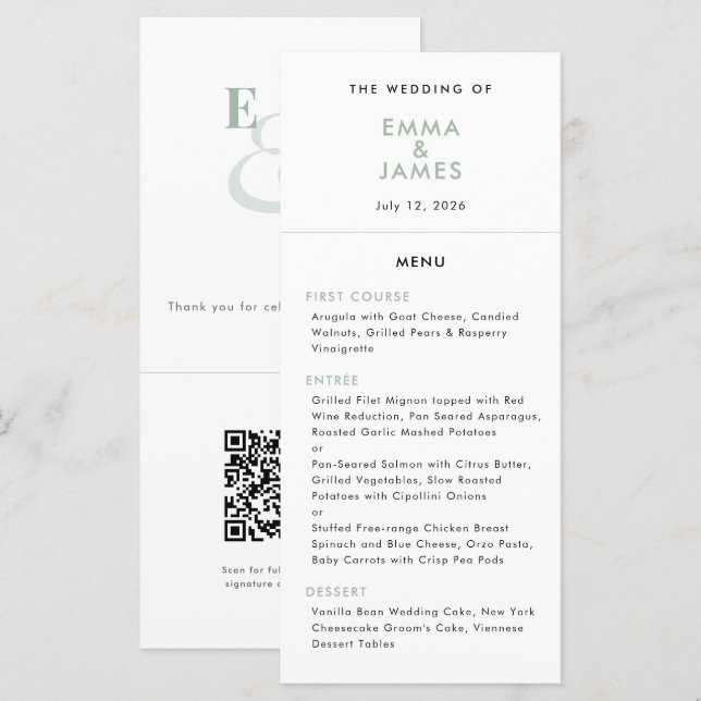 Menú Boda Sage Ampersand | Código QR | Elegante (Anverso / Reverso)