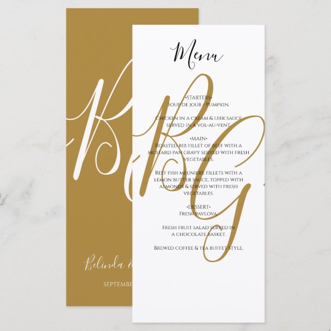 Menú Boda Sencillo Elegante de Iniciales Doradas (Anverso / Reverso)