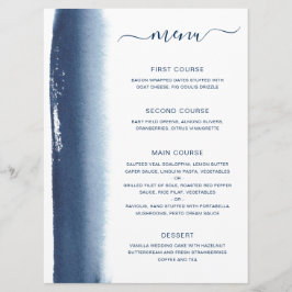 Menú Boda Simple con Pincelada de Acuarela Azul Marino