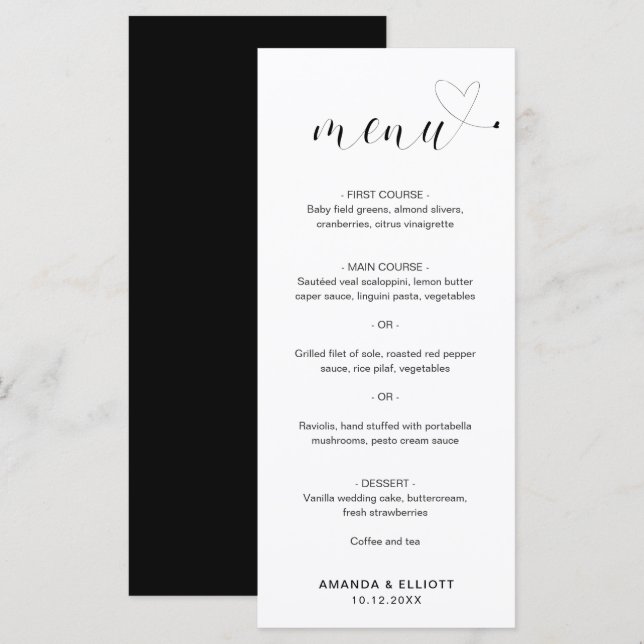 Menú Boda Simple Corazón Negro y Blanco (Anverso / Reverso)