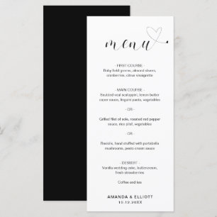 Menú Boda Simple Corazón Negro y Blanco