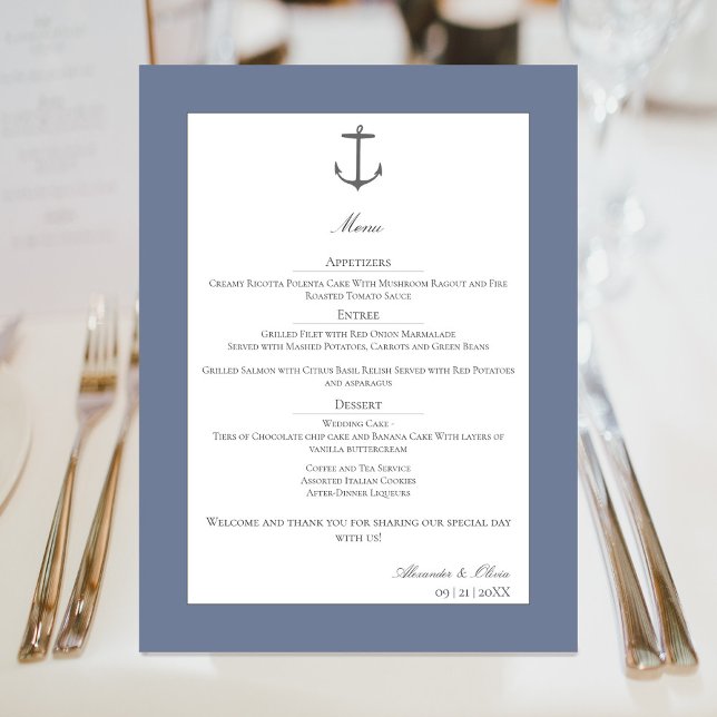 Menú Boda simple de ancla náutica | Azul agitado (Dusty Blue Simple Nautical Anchor Wedding Menu)