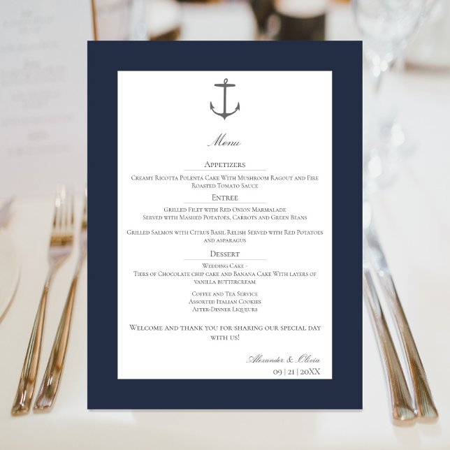 Menú Boda simple de ancla náutica | Azul Marino (Navy Simple Nautical Anchor Wedding Menu)