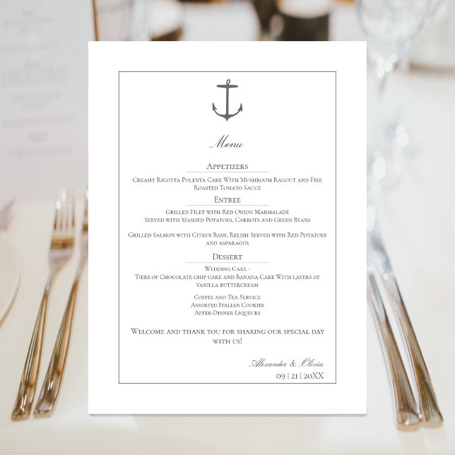 Menú Boda simple de ancla náutica | Blanco (White Simple Nautical Anchor Wedding Menu)