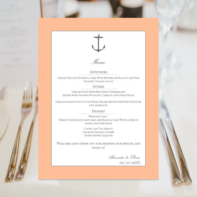 Menú Boda simple de ancla náutica | Peach (Peach Fuzz Simple Nautical Anchor Wedding Menu)