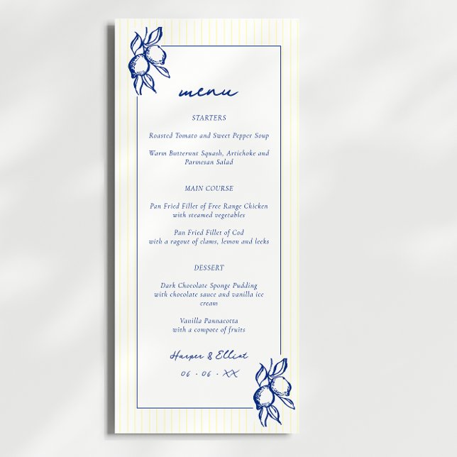 Menú Boda Simple de Doodles de Limones Azules y Amarill (Subido por el creador)