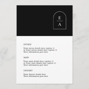 Menú Boda simple de monograma de arco mínimo blanco y n