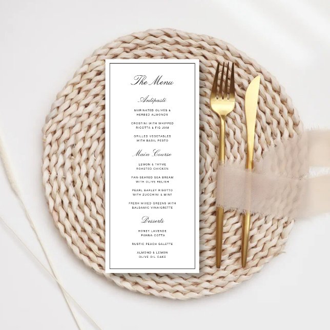 Menú Boda Simple Elegante Formal Blanco y Negro (Elegant white and black wedding menu showcases your meal with timeless sophistication.)