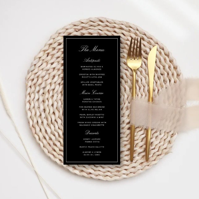 Menú Boda Simple Elegante Formal en Negro y Blanco (Simple black and white wedding menu presents your meal with elegant, timeless style.)