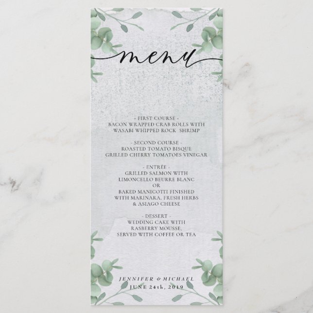 Menú Boda Simple Moderna Cena de Ceremonia de Eucalipto (Anverso)