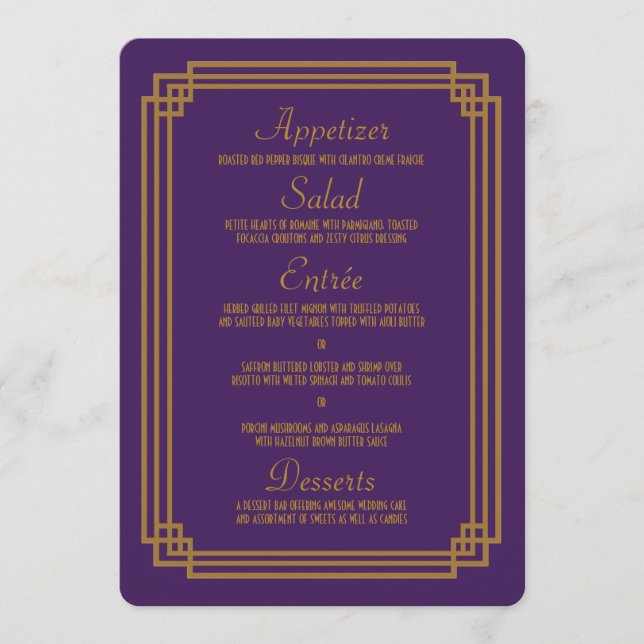 Menú Boda simple morado Art Deco (Anverso)