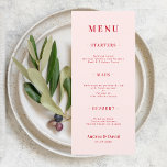 Menú Boda simple rosa y rojo negrita retro minimalista<br><div class="desc">Este menú boda completamente personalizable con fondo rosa y personalizado rojo le haría una maravillosa adición a su fiesta. Cambie fácilmente el texto haciendo clic en la opción "personalizar esta plantilla".</div>