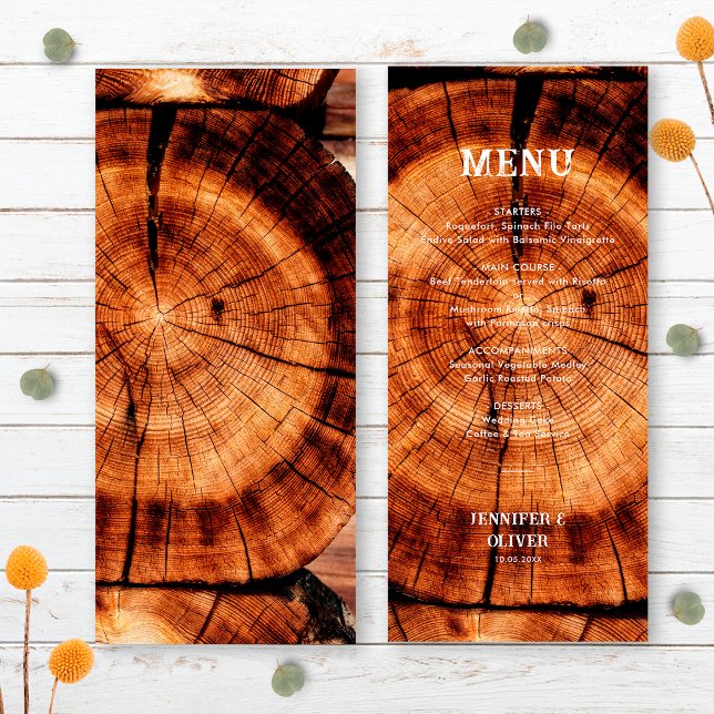 Menú Boda Simple Rústica con Rebanada de Madera (Front/Back)