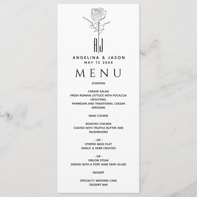 Menú Boda Simple y Elegante en Blanco y Negro (Anverso)