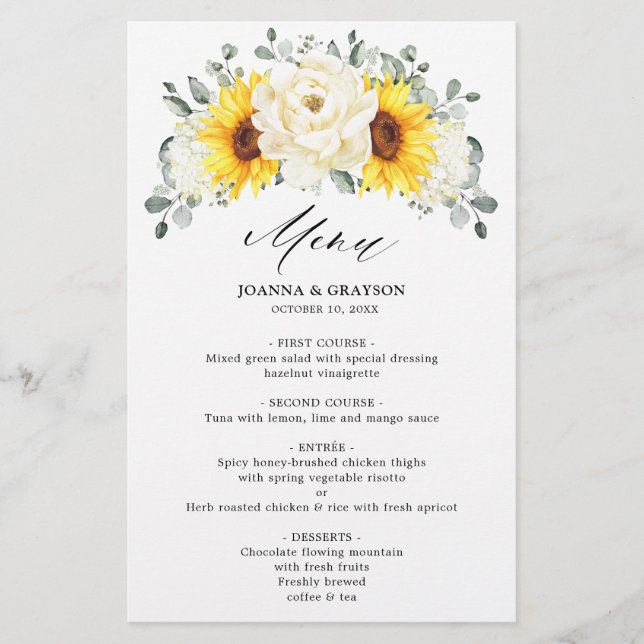 Menú Boda Sunflower Ivory Peony Eucalyptus (Anverso)