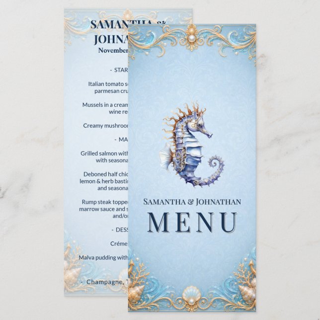 Menú Boda tema playa caballito de mar naútico concha (Anverso / Reverso)