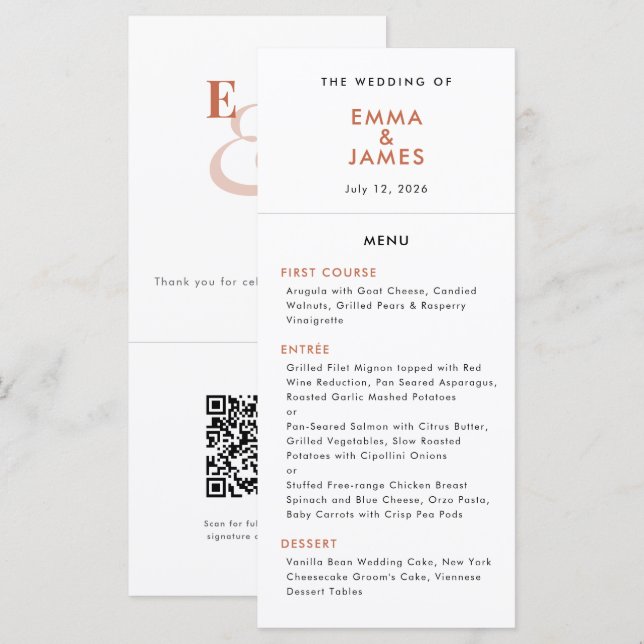 Menú Boda Terracota Ampersand | Código QR | Elegante (Anverso / Reverso)