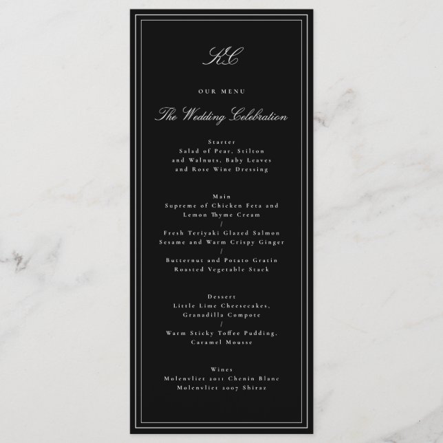 Menú Boda Tradicional con Monograma en Blanco y Negro (Anverso)