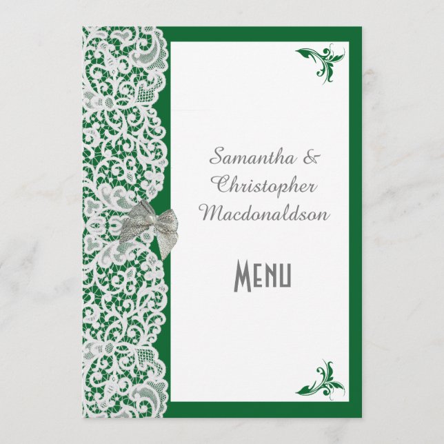 Menú boda tradicional de encaje verde y blanco (Anverso)