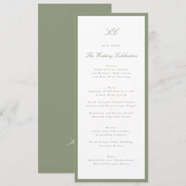 Menú Boda Tradicional de Monograma Verde Menta (Anverso / Reverso)