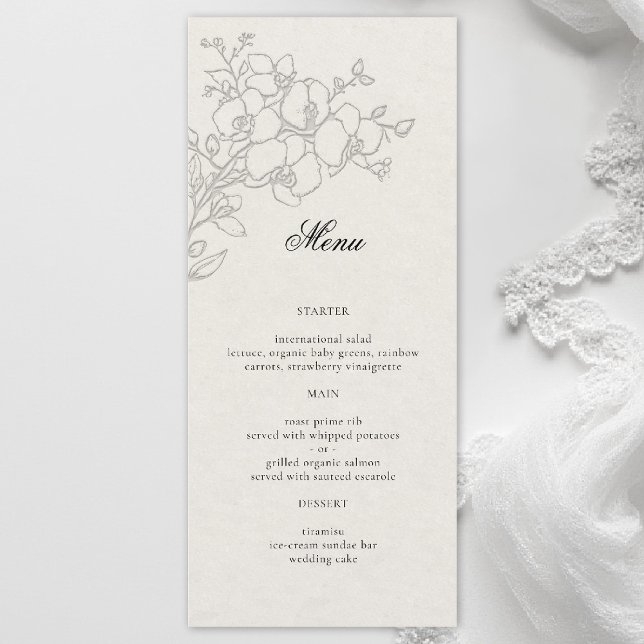 Menú Boda Tradicional Formal de Orquídea Elevada en Cre (orchid wedding menu formal modern classic traditional black tie parents hosted ecru)