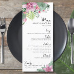 Menú Boda tropical acuarela floral<br><div class="desc">Elegante Menú Boda tropical de la palma floral de destino. Utilice este menú para una recepción de bodas, fiesta de compromiso, cena de ensayo o cualquier otra ocasión especial. Con acentos botánicos rosas y verdes contrastados con letras en blanco y negro. Un diseño tropical que abarca la belleza tranquila de...</div>