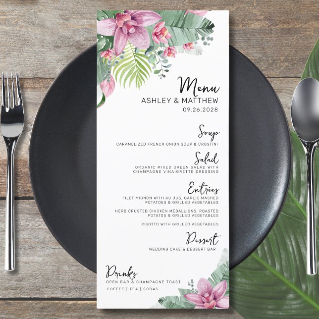 Menú Boda tropical acuarela floral (Elegant Destination Floral Palm Tropical Wedding Menu)