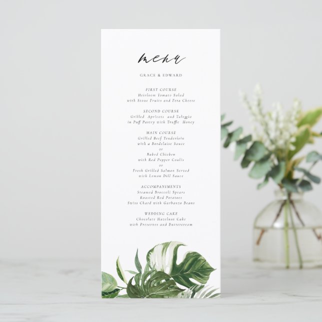 Menú Boda Tropical Botánica de Monstera con Acuarela (Anverso de pie)