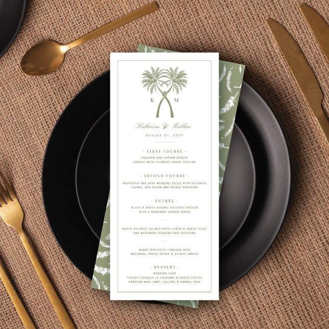 Menú Boda tropical clásico moderno de palmeras nubladas (Knotted Palm Trees Monogram Tropical Destination Wedding Menu Card @ fatfatin_blue_knot)