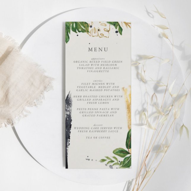 Menú Boda tropical de acuarela verde y dorada (Green & Gold Watercolor Tropical Wedding Menu)