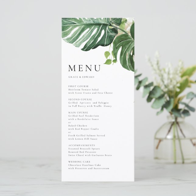 Menú Boda Tropical de Monstera Acuarela (Anverso de pie)