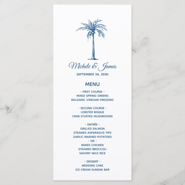 Menú Boda Tropical de Playa con Elegante Palma Azul (Anverso)