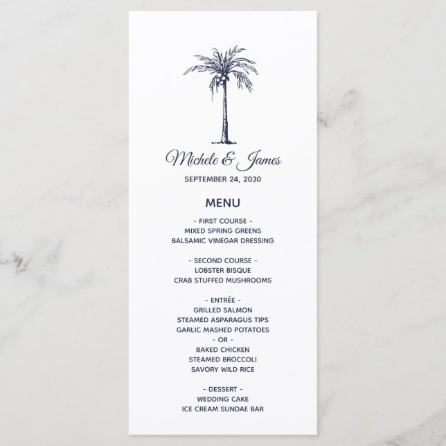 Menú Boda Tropical de Playa con Palma Azul Marino Moder (Anverso)