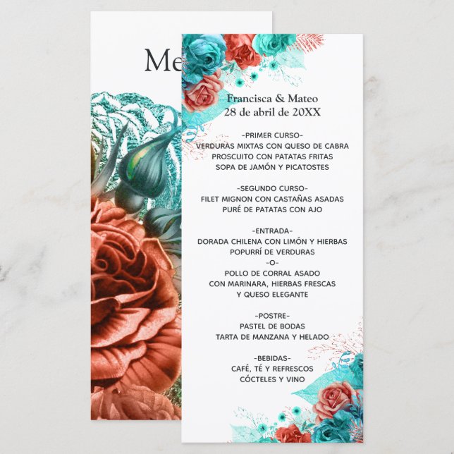 Menú Boda Tropical Floral Turquesa y Coral (Anverso / Reverso)