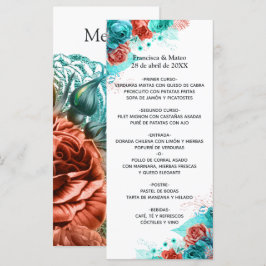 Menú Boda Tropical Floral Turquesa y Coral